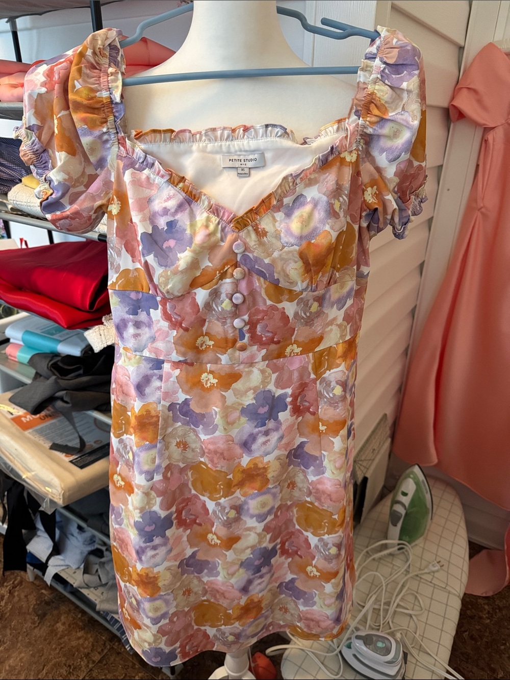 Petite Studio Pastel Floral Puff-Sleeve Midi Dress in Lavender, Pink & Mustard